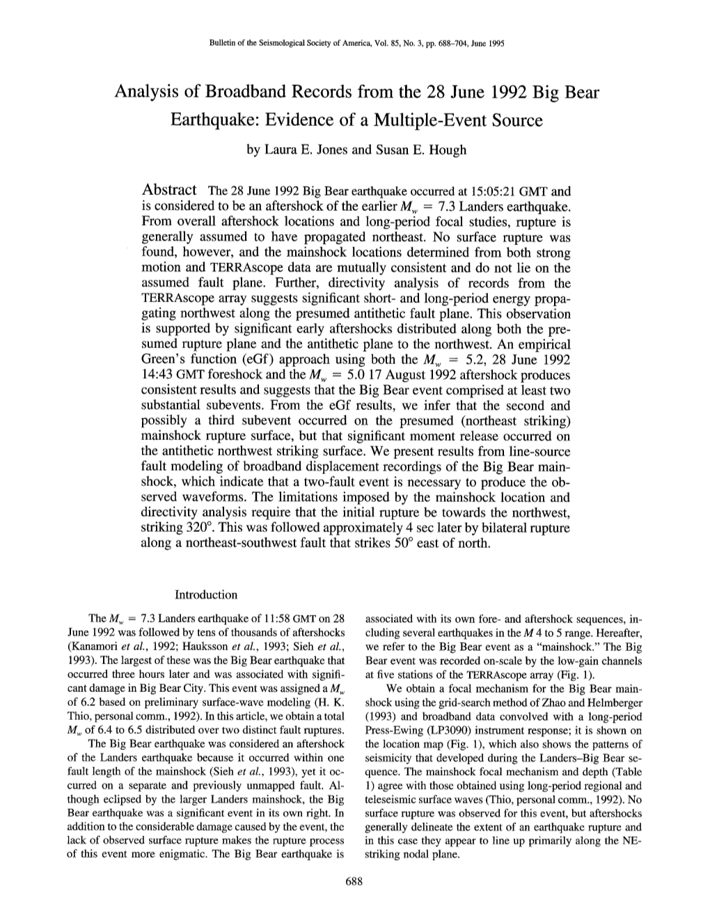 Analysis of Broadband Records from the 28 June 1992 Big Bear Earthquake: Evidence of a Multiple-Event Source