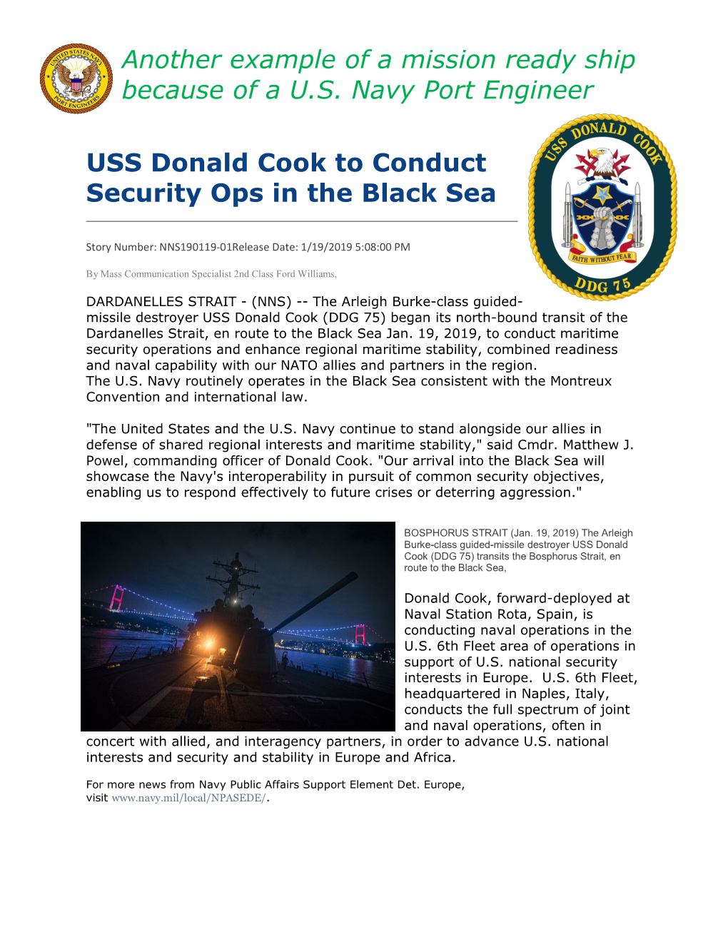 USS Donald Cook to Conduct Security Ops in the Black Sea