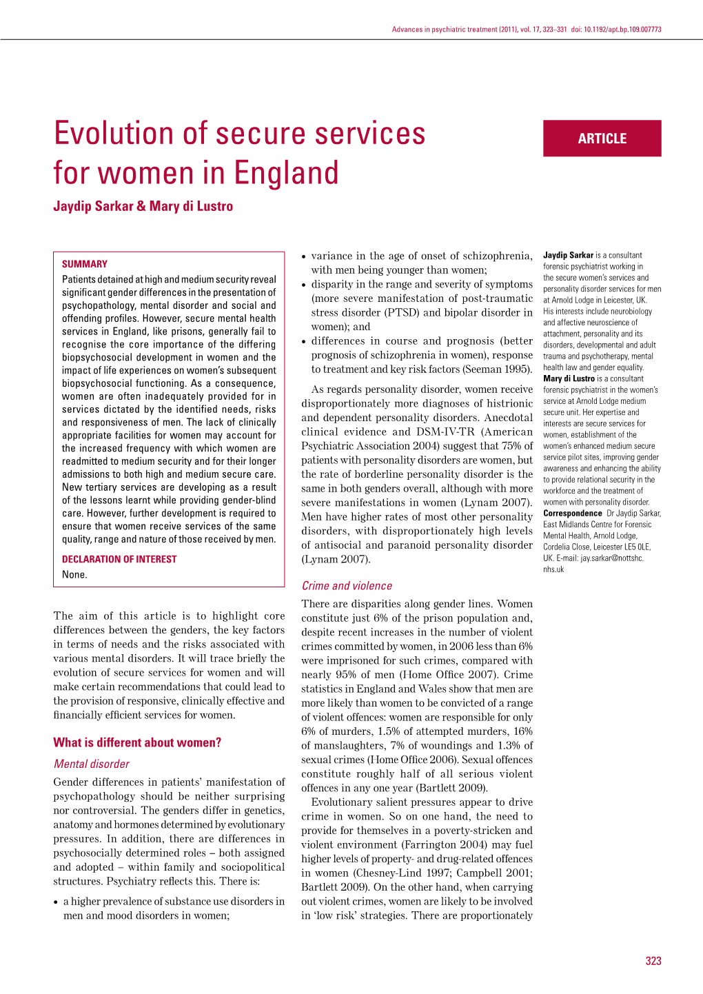 Evolution of Secure Services for Women in England