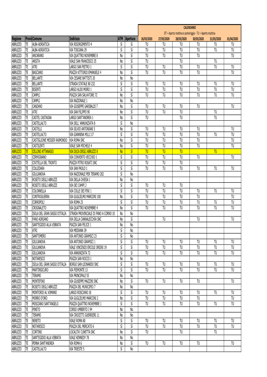 CALENDARIO DT = Aperto Mattina E Pomeriggio