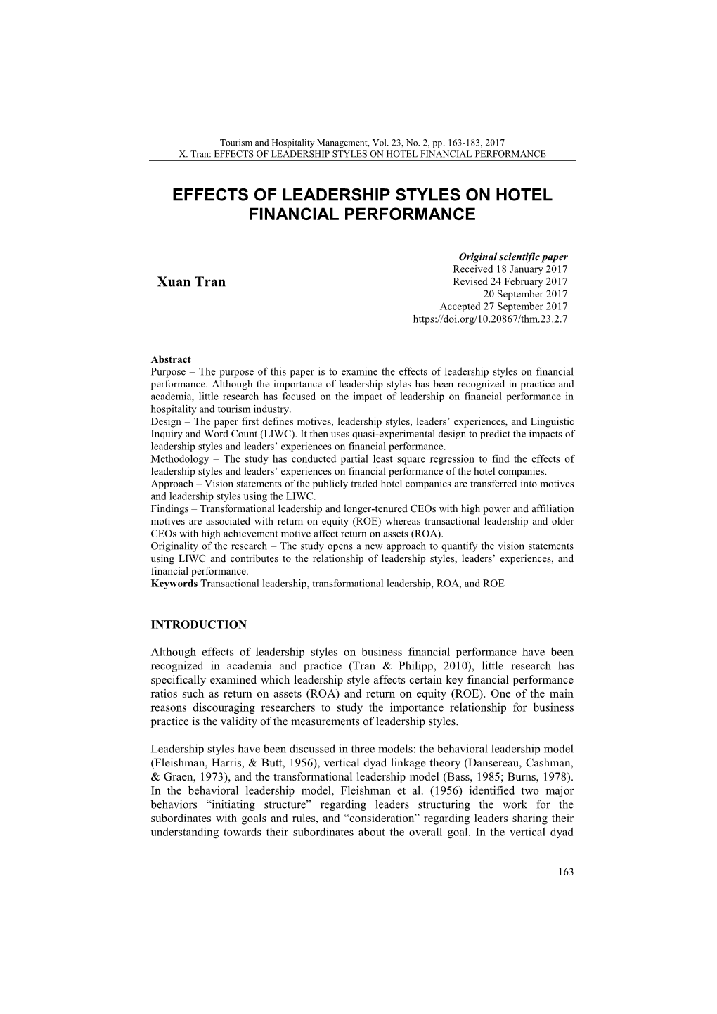 Effects of Leadership Styles on Hotel Financial Performance