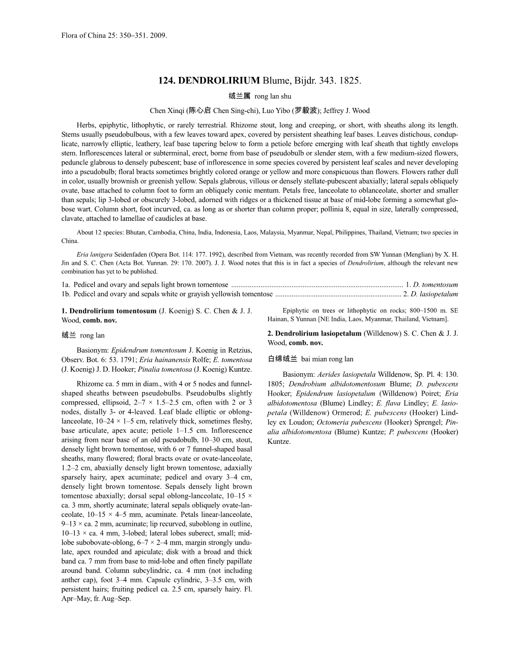 124. DENDROLIRIUM Blume, Bijdr. 343. 1825. 绒兰属 Rong Lan Shu Chen Xinqi (陈心启 Chen Sing-Chi), Luo Yibo (罗毅波); Jeffrey J