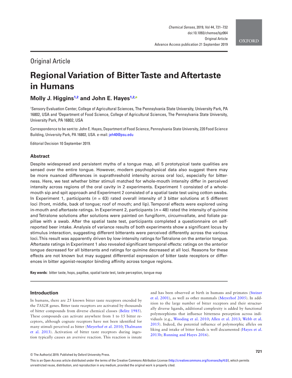 Regional Variation of Bitter Taste and Aftertaste in Humans Molly J