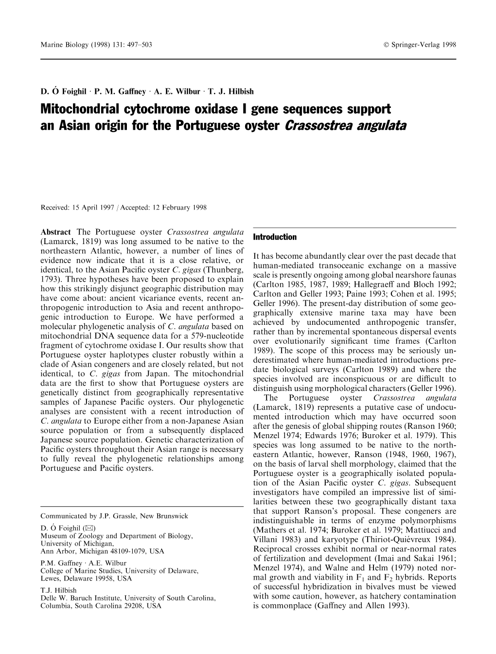 Mitochondrial Cytochrome Oxidase I Gene Sequences Support an Asian Origin for the Portuguese Oyster Crassostrea Angulata