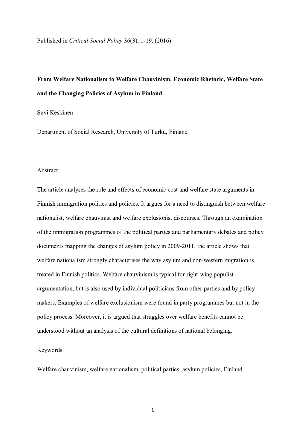 From Welfare Nationalism to Welfare Chauvinism. Economic Rhetoric, Welfare State and the Changing Policies of Asylum in Finland