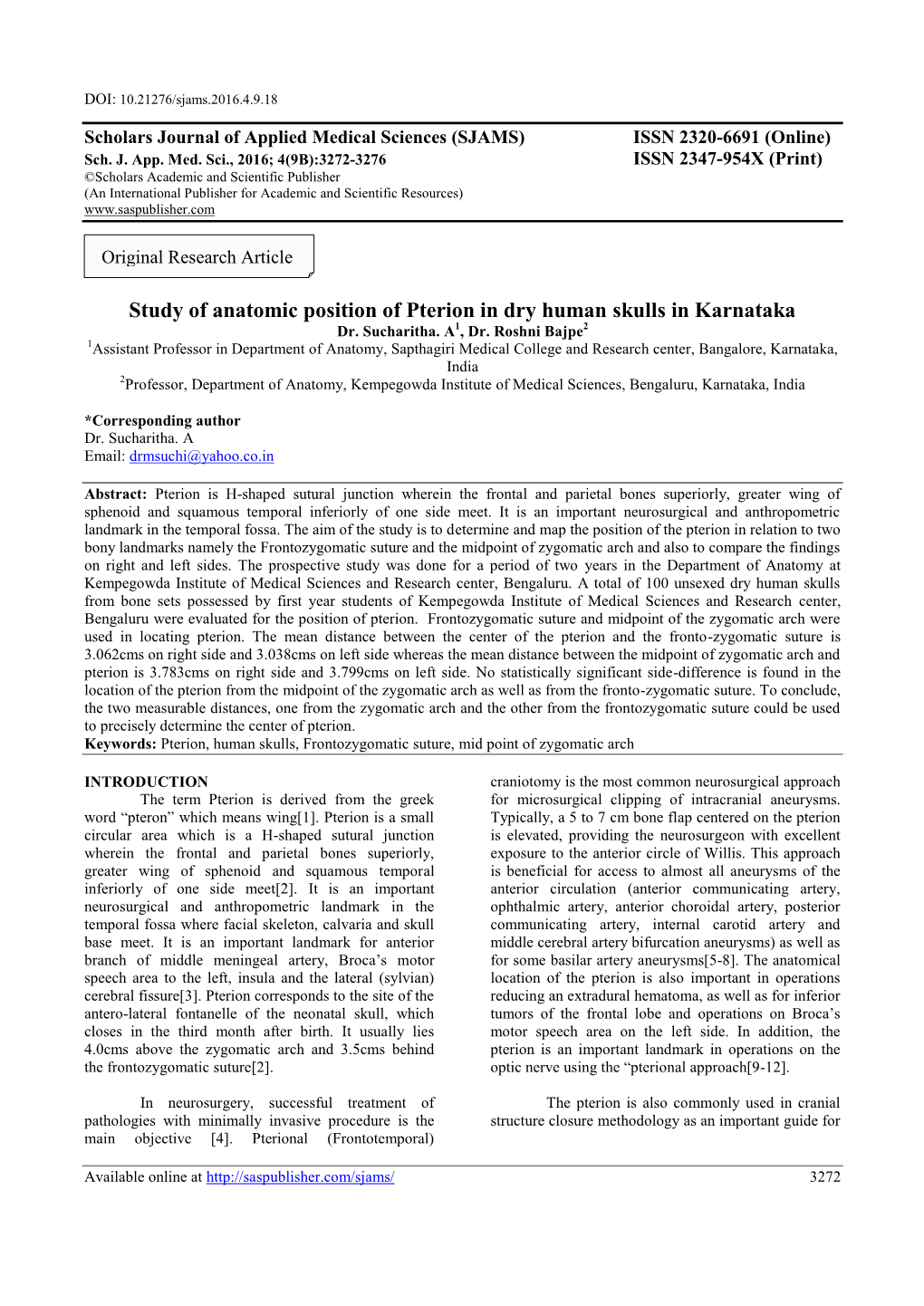 Study of Anatomic Position of Pterion in Dry Human Skulls in Karnataka Dr