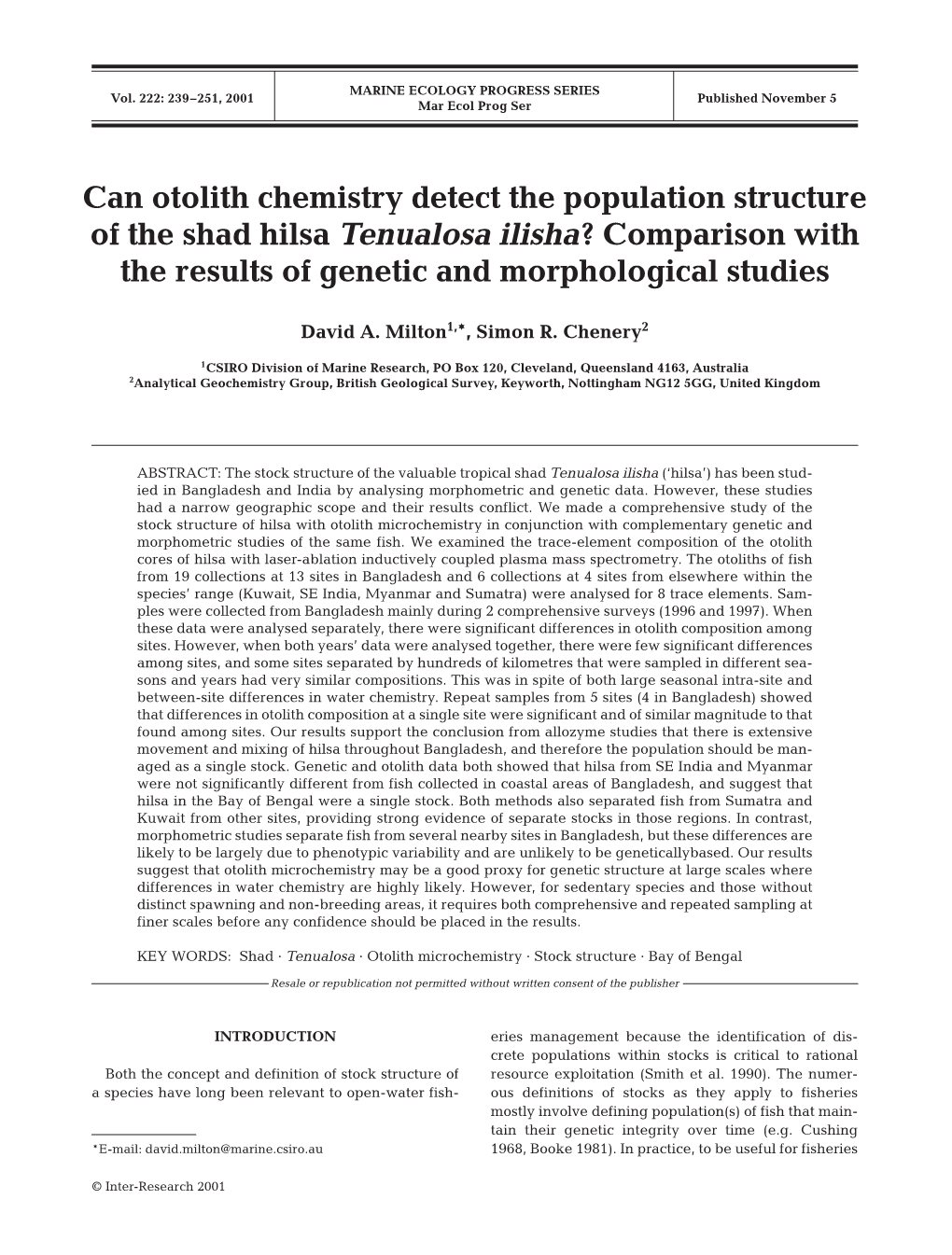 Can Otolith Chemistry Detect the Population Structure of the Shad Hilsa Tenualosa Ilisha? Comparison with the Results of Genetic and Morphological Studies