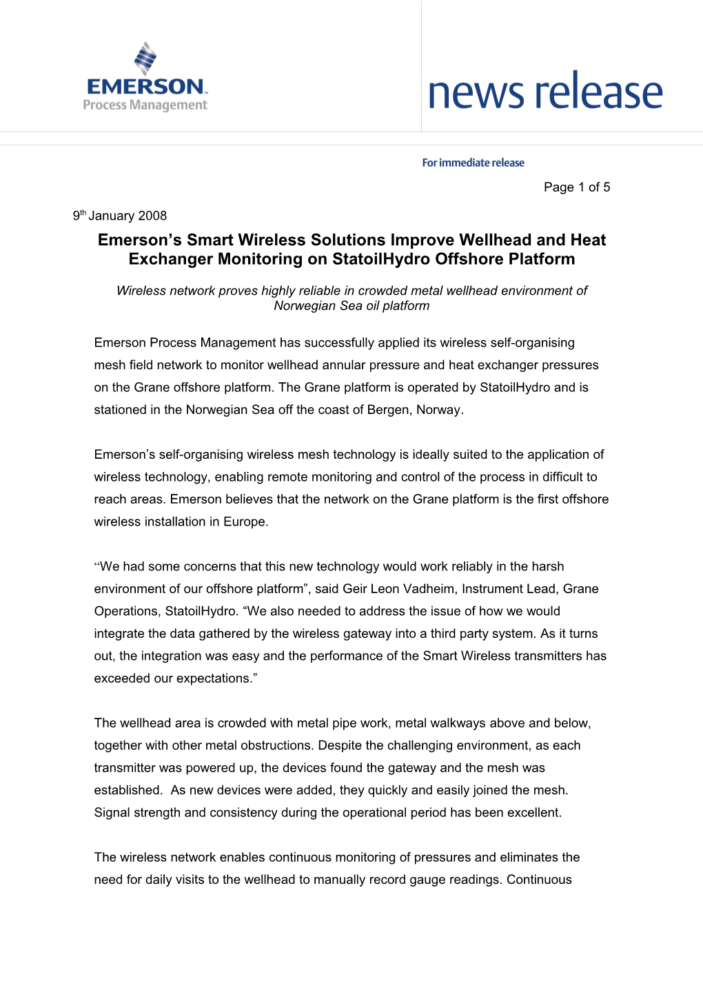 Emerson S Smart Wireless Solutions Improve Wellhead and Heat Exchanger Monitoring On