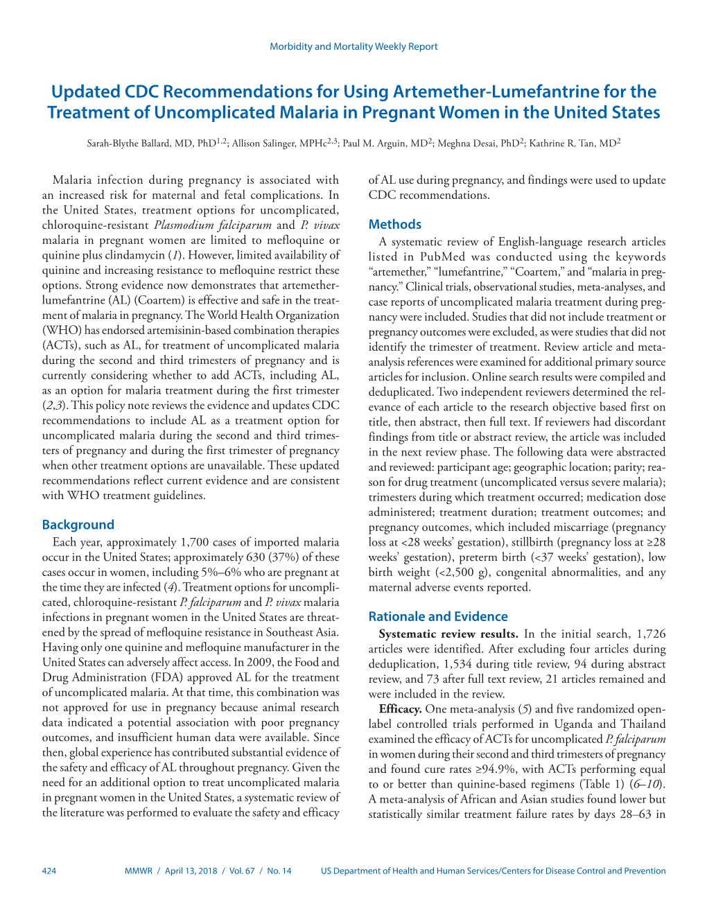 Updated CDC Recommendations for Using Artemether-Lumefantrine for the Treatment of Uncomplicated Malaria in Pregnant Women in the United States