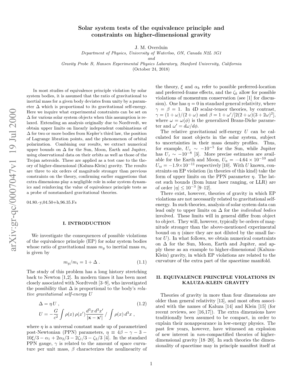 Solar System Tests of the Equivalence Principle and Constraints on Higher-Dimensional Gravity