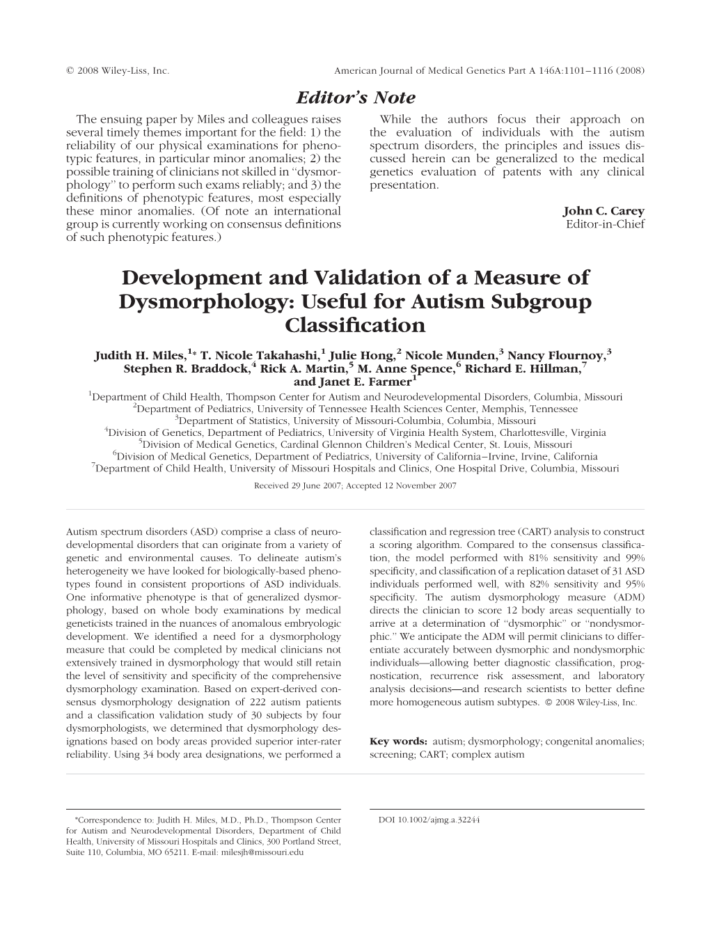 Development and Validation of a Measure of Dysmorphology: Useful for Autism Subgroup Classification