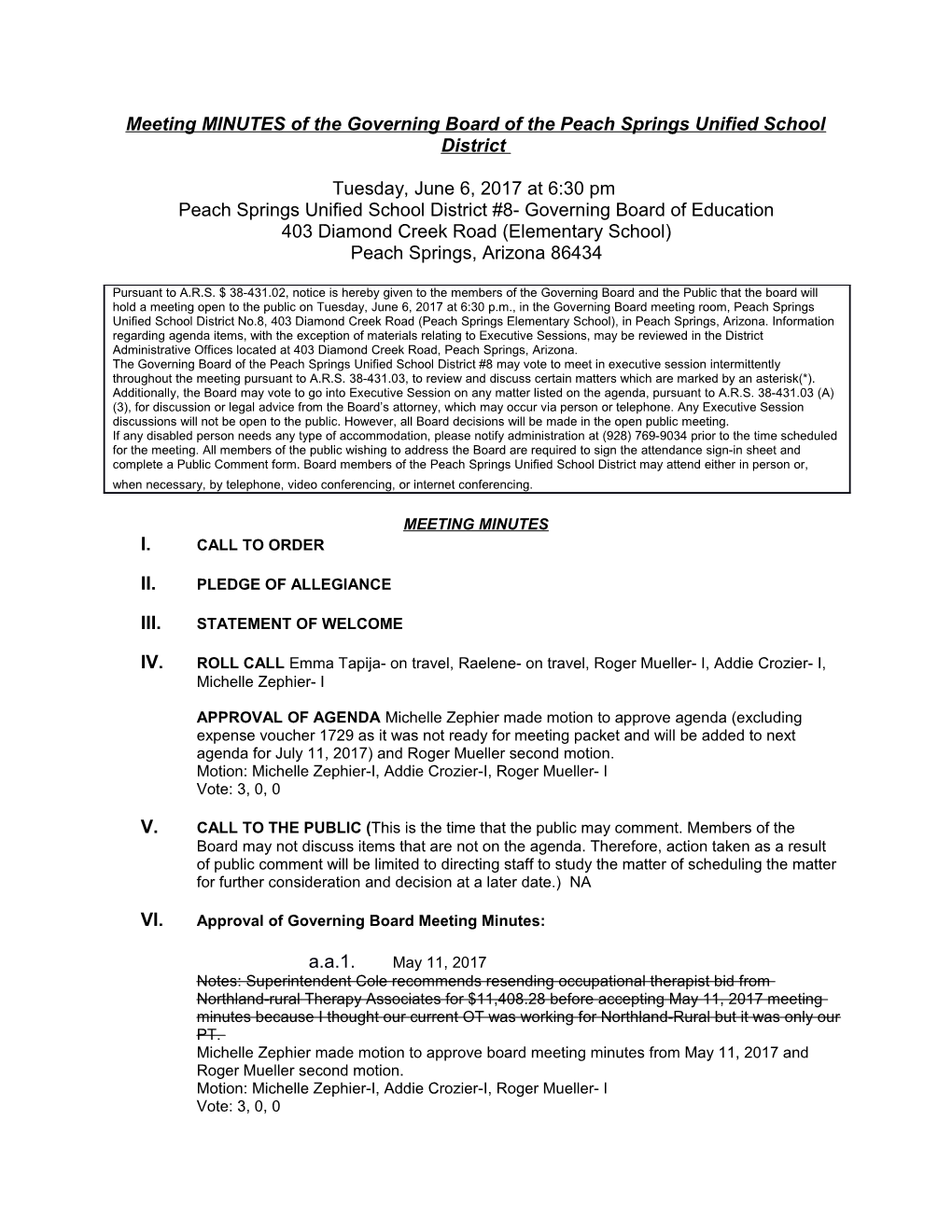 Meeting MINUTES of the Governing Board of the Peach Springs Unified School District