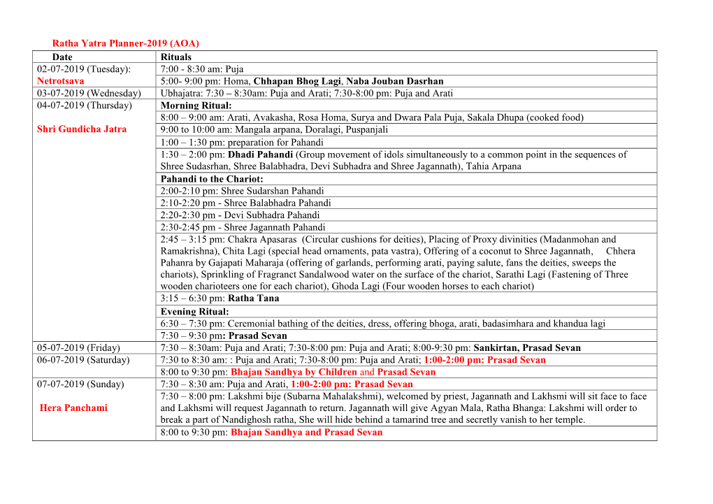 Ratha Yatra Planner-2019 (AOA) Date Rituals 02-07-2019 (Tuesday