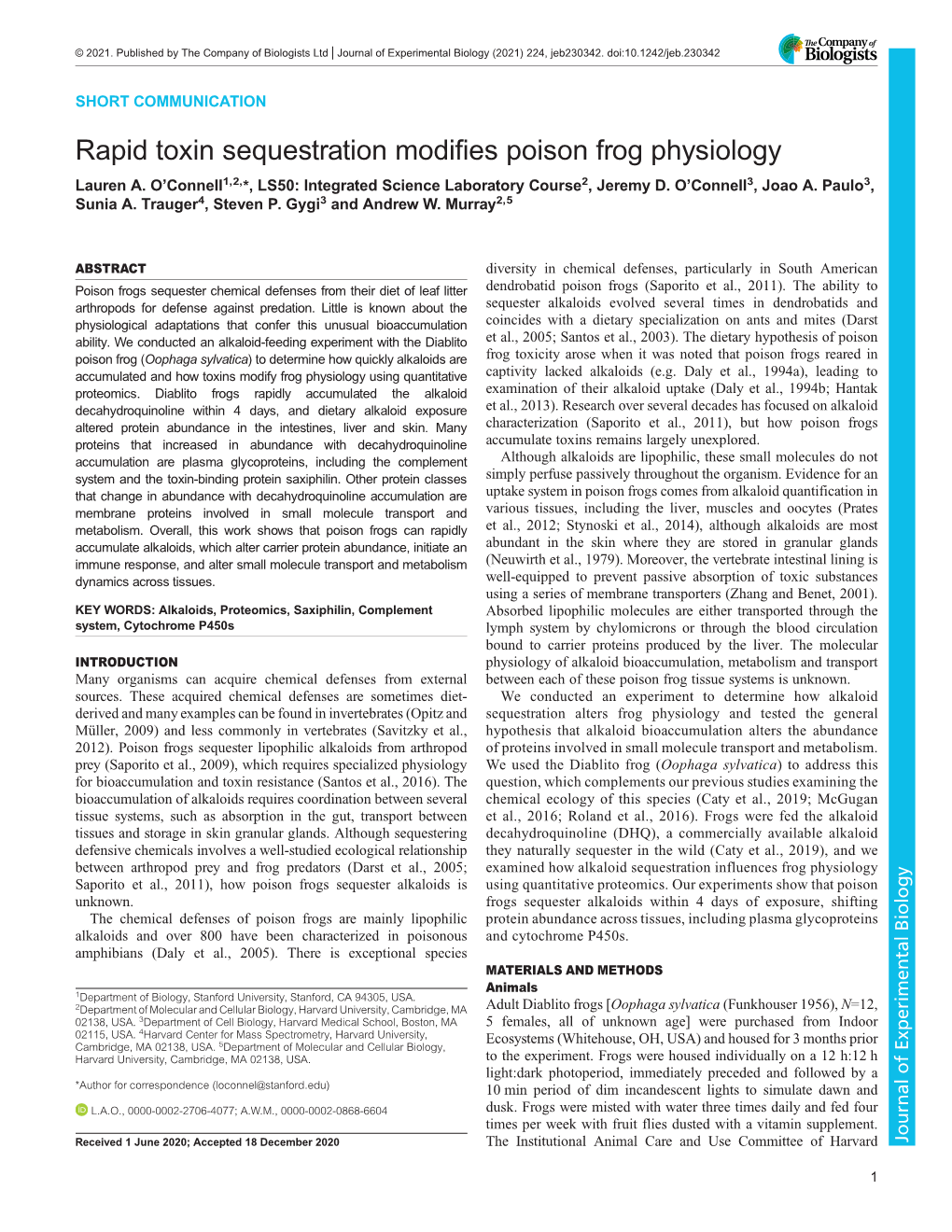 Rapid Toxin Sequestration Modifies Poison Frog Physiology Lauren A