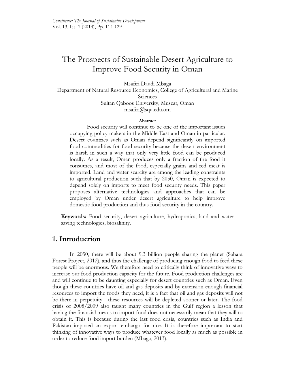 The Prospects of Sustainable Desert Agriculture to Improve Food Security in Oman