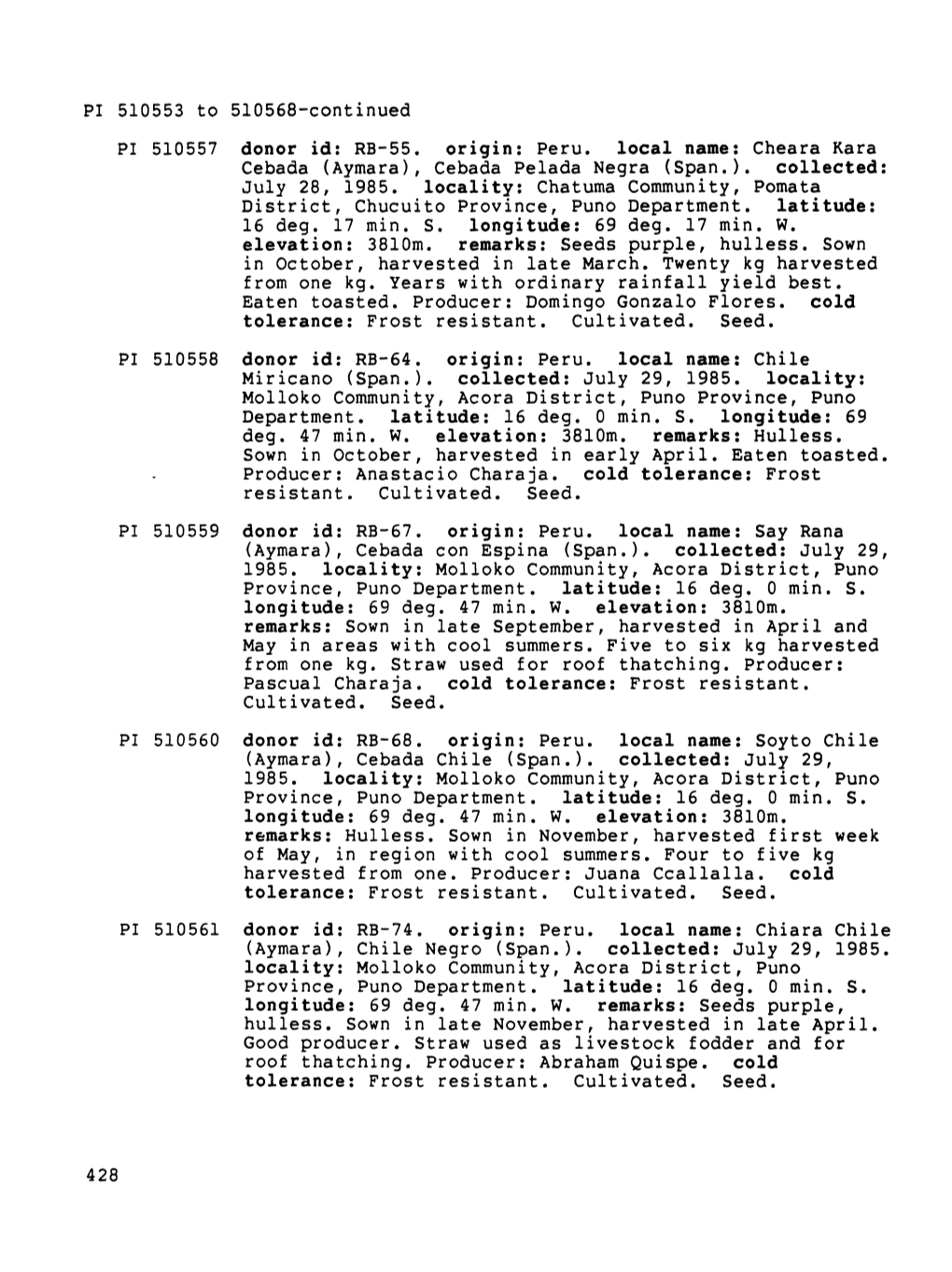 PI 510553 to 510568-Continued PI 510557 Donor Id: RB-55. Origin: Peru, Local Name: Cheara Kara Cebada (Aymara), Cebada Pelada Negra (Span.), Collected: July 28, 1985