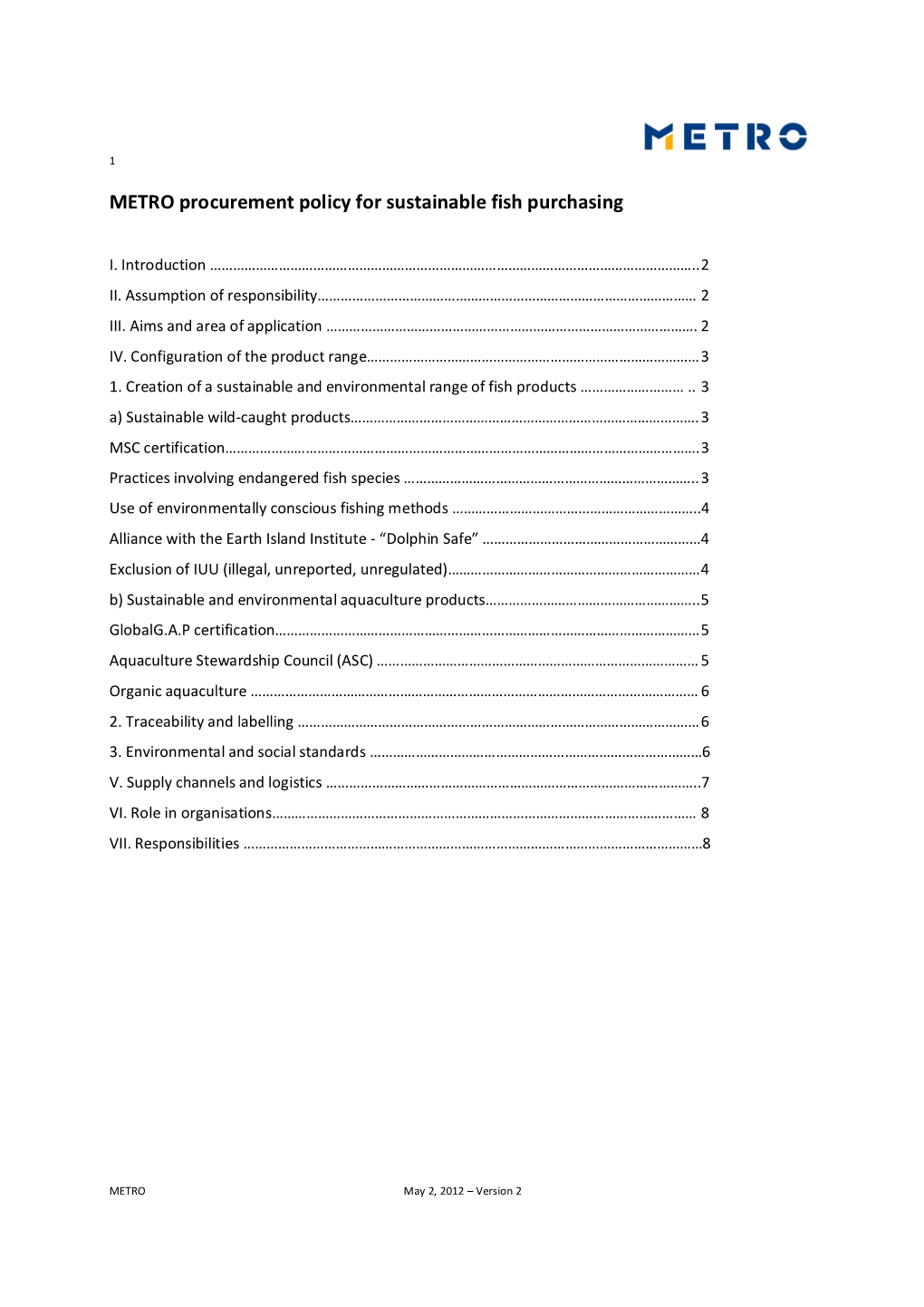 METRO Procurement Policy for Sustainable Fish Purchasing