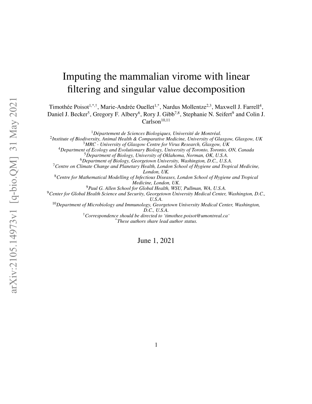 Imputing the Mammalian Virome with Linear Filtering and Singular Value