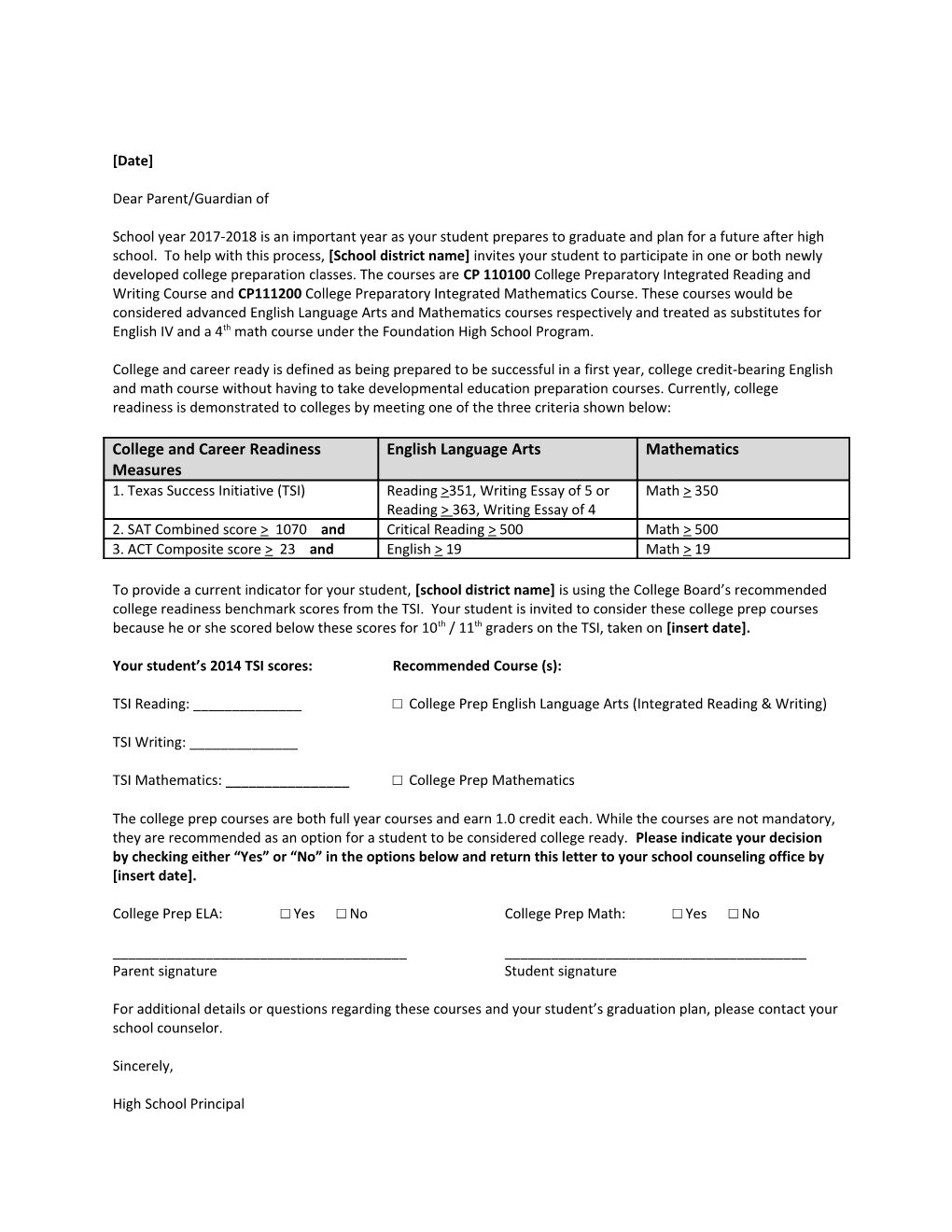 Your Student S 2014 TSI Scores: Recommended Course (S)