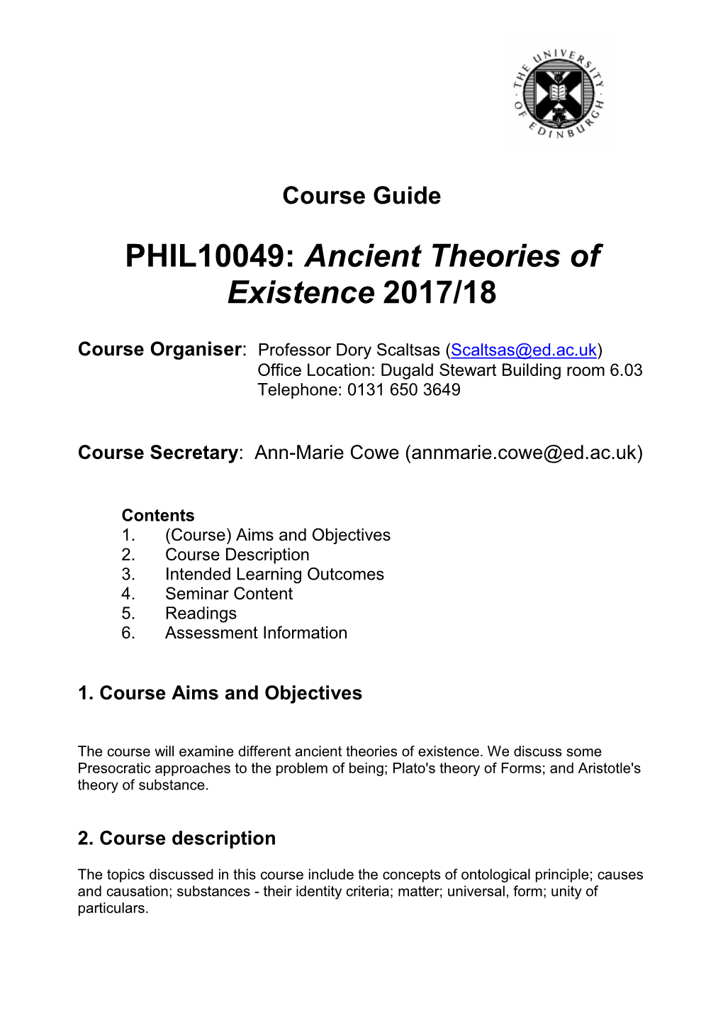 PHIL10049: Ancient Theories of Existence 2017/18