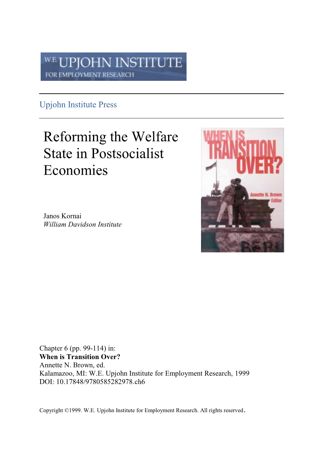 Reforming the Welfare State in Postsocialist Economies