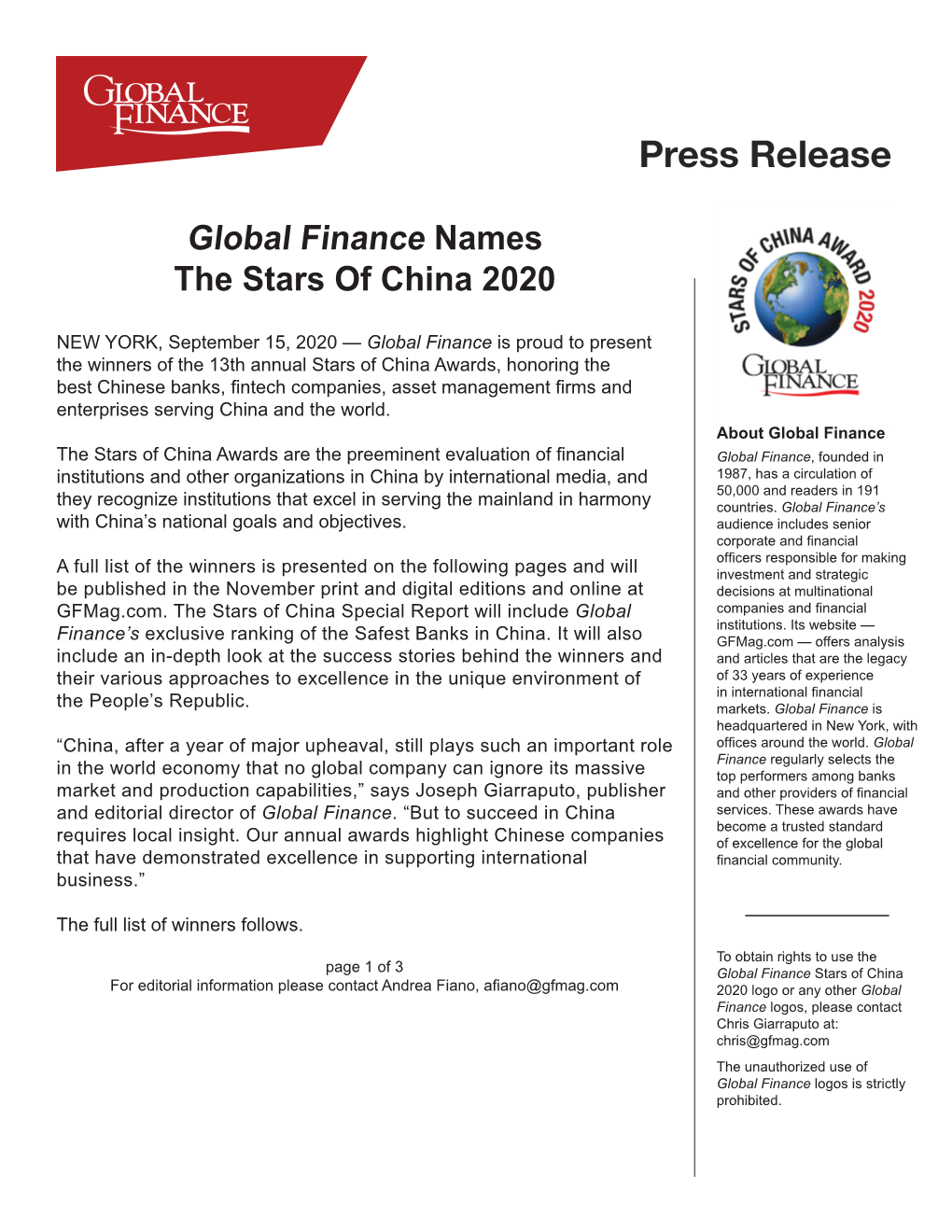 Global Finance Names the Stars of China 2020