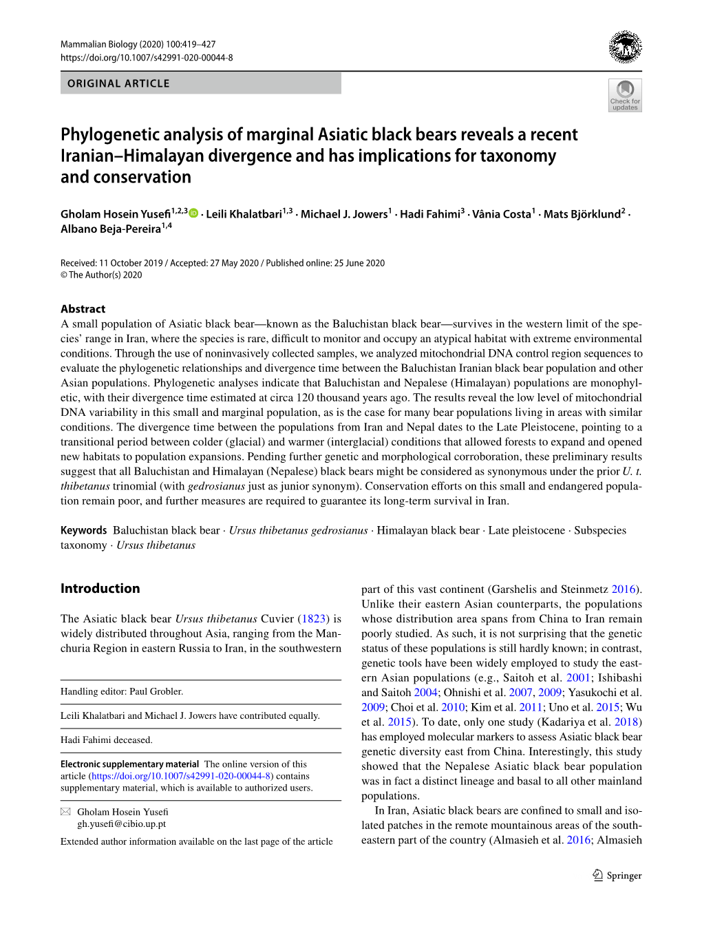 Phylogenetic Analysis of Marginal Asiatic Black Bears Reveals a Recent Iranian–Himalayan Divergence and Has Implications for Taxonomy and Conservation