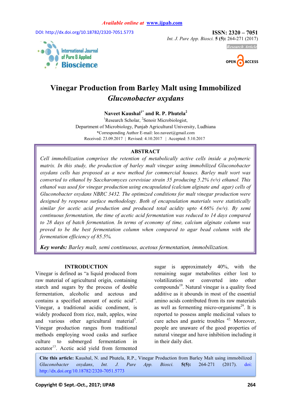 Vinegar Production from Barley Malt Using Immobilized Gluconobacter Oxydans