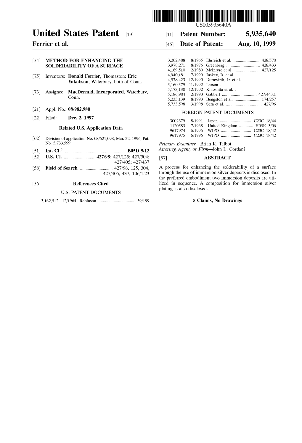 Ulllted States Patent [19] [11] Patent Number: 5,935,640 Ferrier Et Al