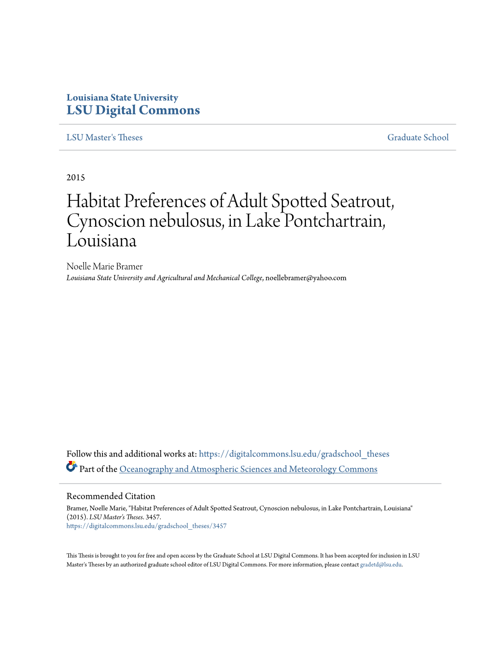 Habitat Preferences of Adult Spotted Seatrout, Cynoscion Nebulosus, In