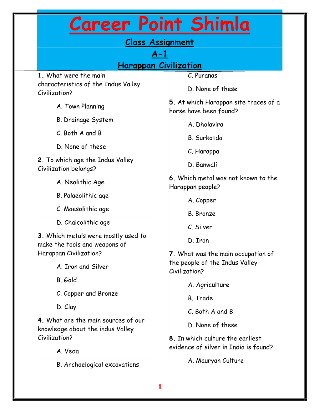 Class Assignment A-1 Harappan Civilization 1