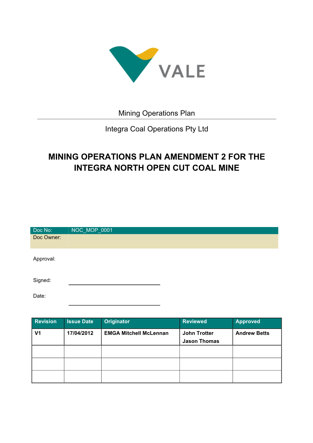 Mining Operations Plan Amendment 2 for the Integra North Open Cut Coal Mine