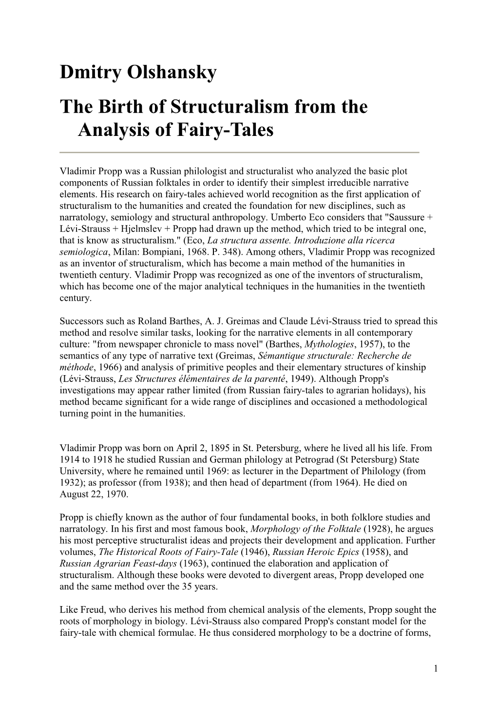 The Birth of Structuralism from the Analysis of Fairy-Tales