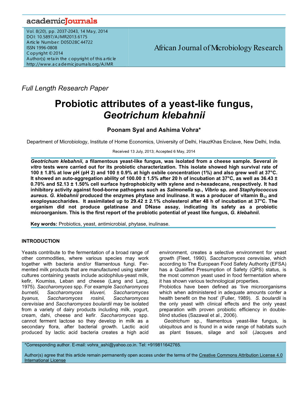 Probiotic Attributes of a Yeast-Like Fungus, Geotrichum Klebahnii