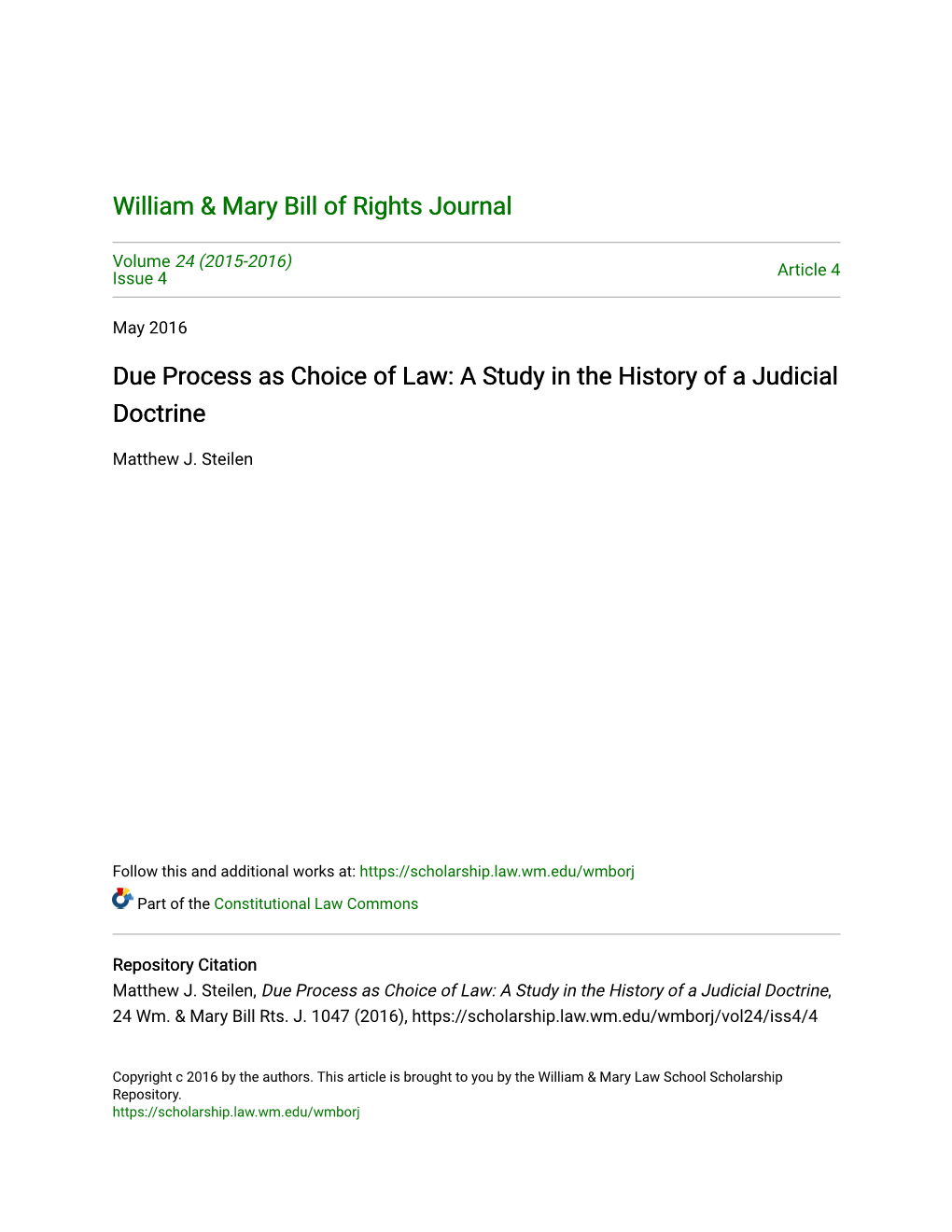 Due Process As Choice of Law: a Study in the History of a Judicial Doctrine