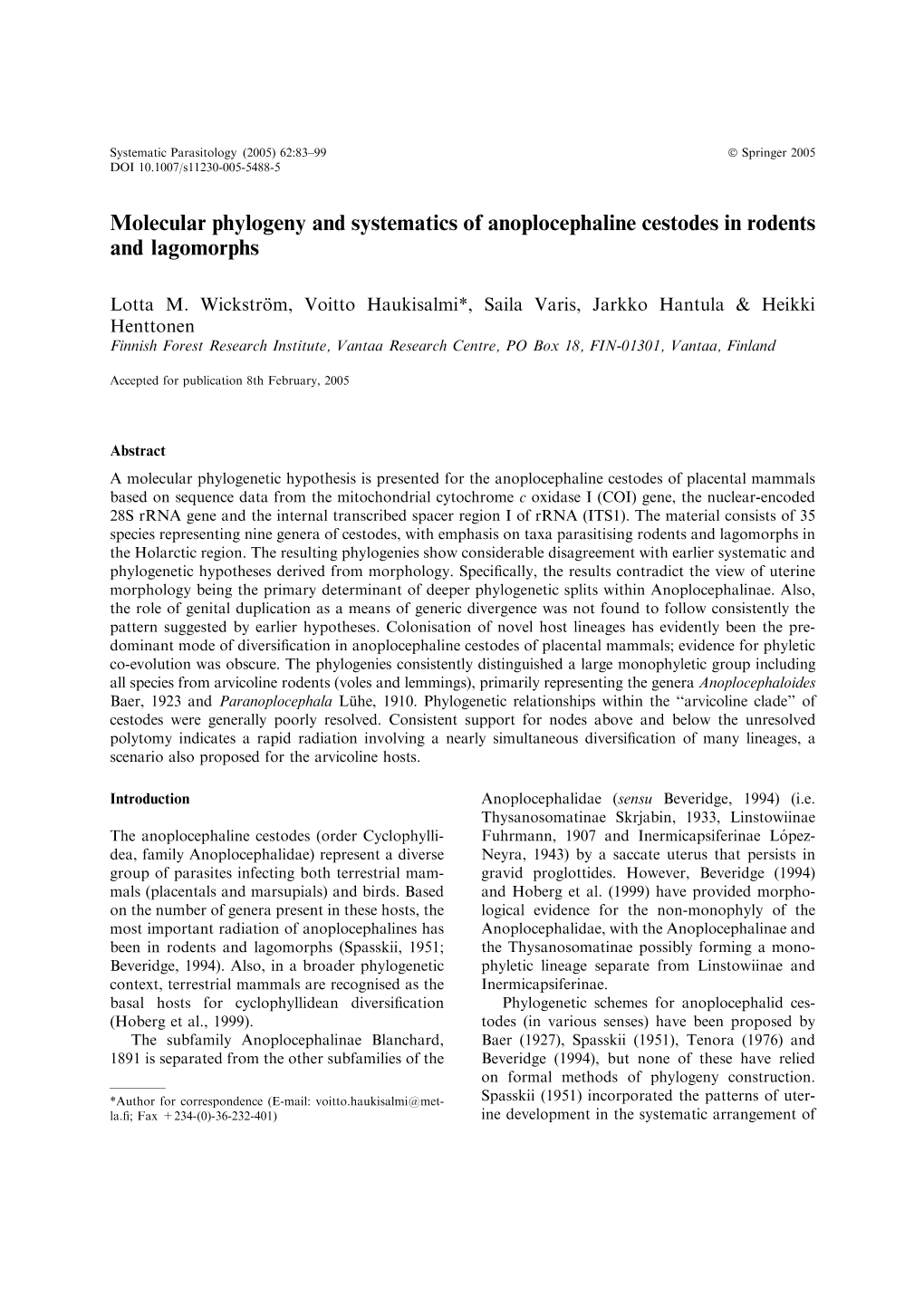 Molecular Phylogeny and Systematics of Anoplocephaline Cestodes in Rodents and Lagomorphs