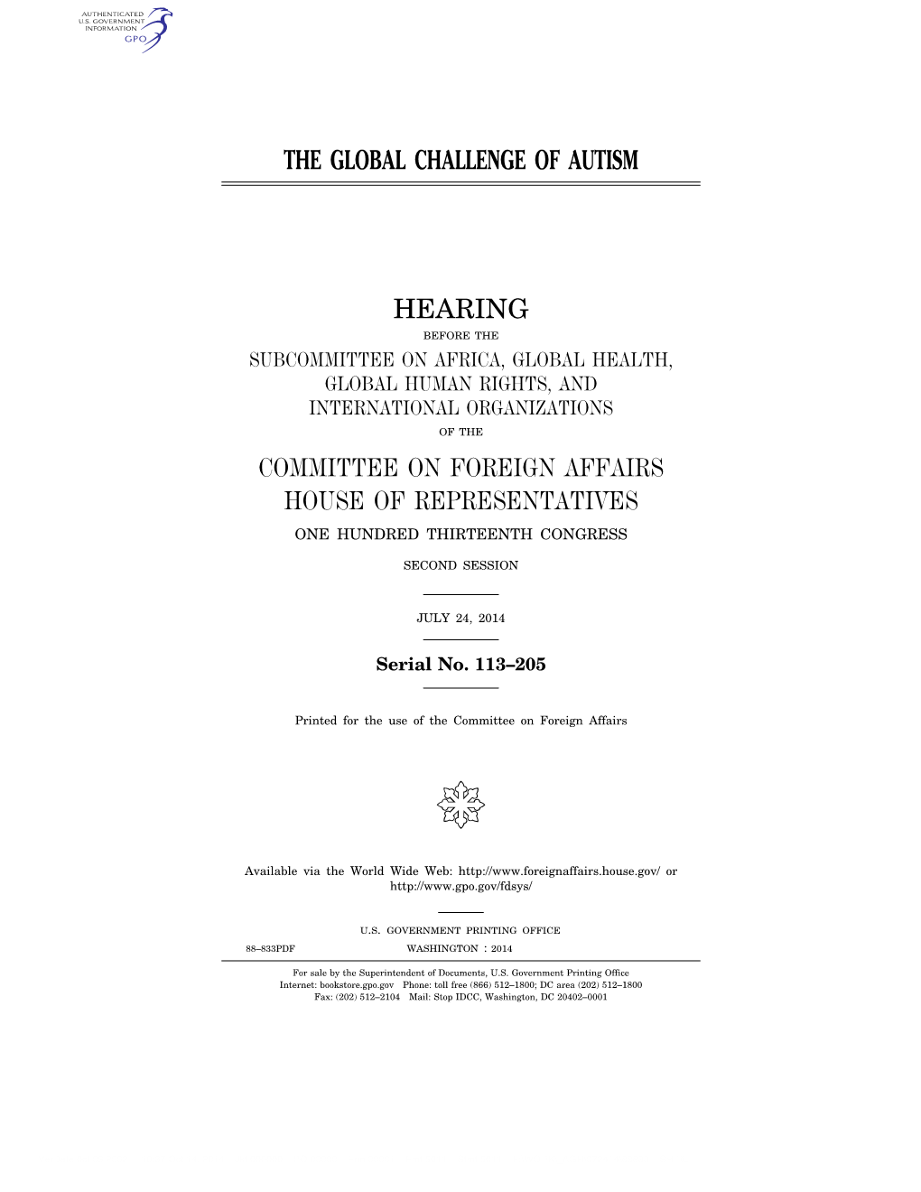 The Global Challenge of Autism Hearing Committee on Foreign Affairs House of Representatives