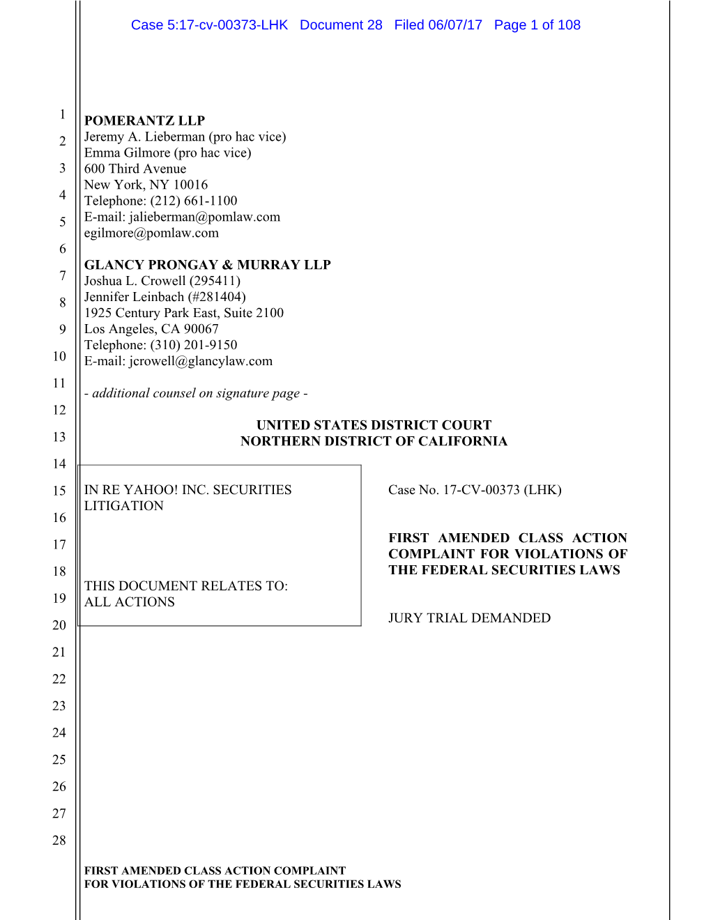 In Re Yahoo! Inc. Securities Litigation 17-CV-00373-First Amended Class