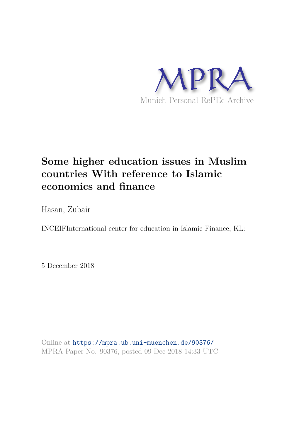 Some Higher Education Issues in Muslim Countries with Reference to Islamic Economics and ﬁnance