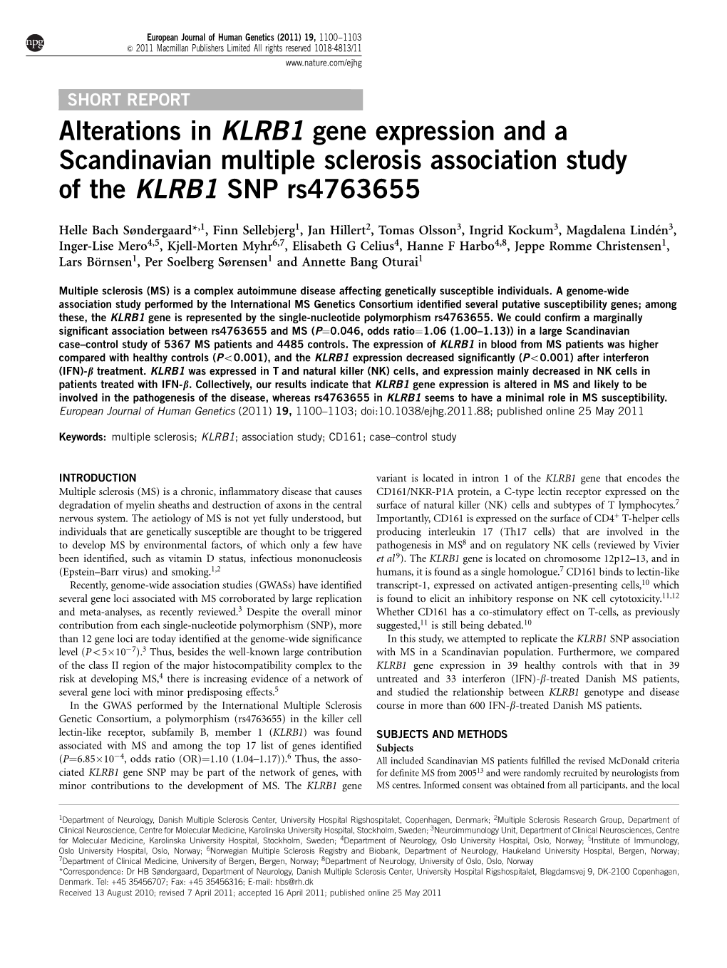 Alterations in KLRB1 Gene Expression and a Scandinavian Multiple Sclerosis Association Study of the KLRB1 SNP Rs4763655