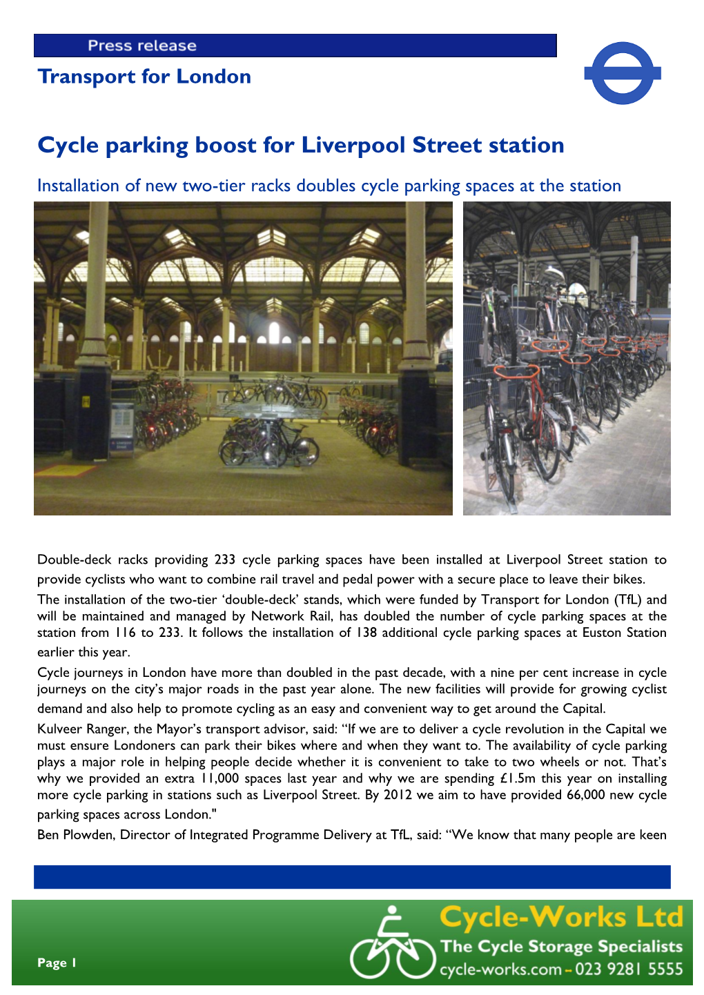Cycle Parking Boost for Liverpool Street Station