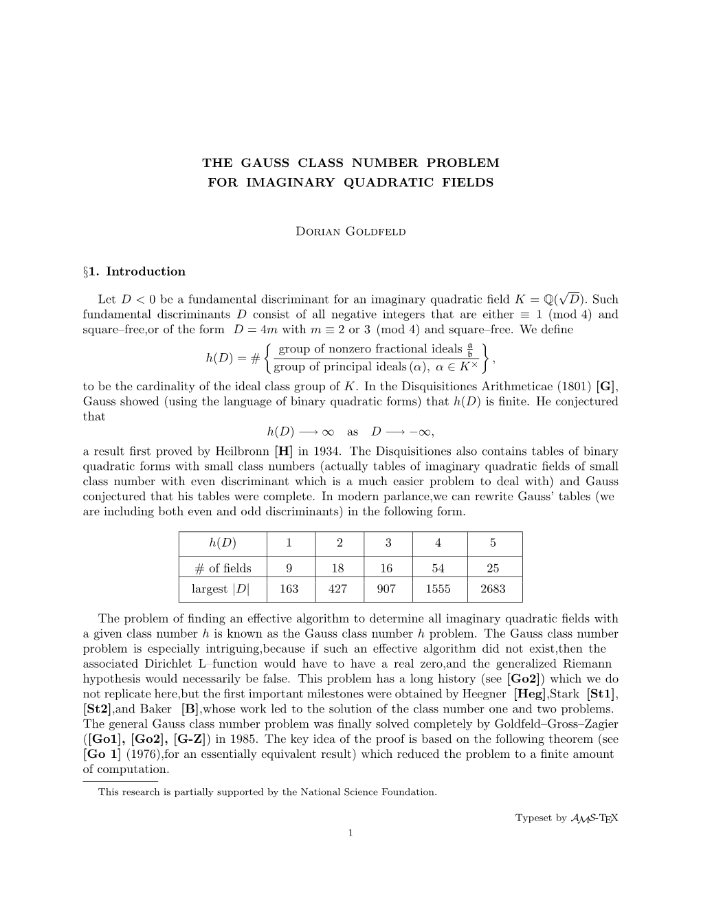 The Gauss Class Number Problem for Imaginary Quadratic Fields