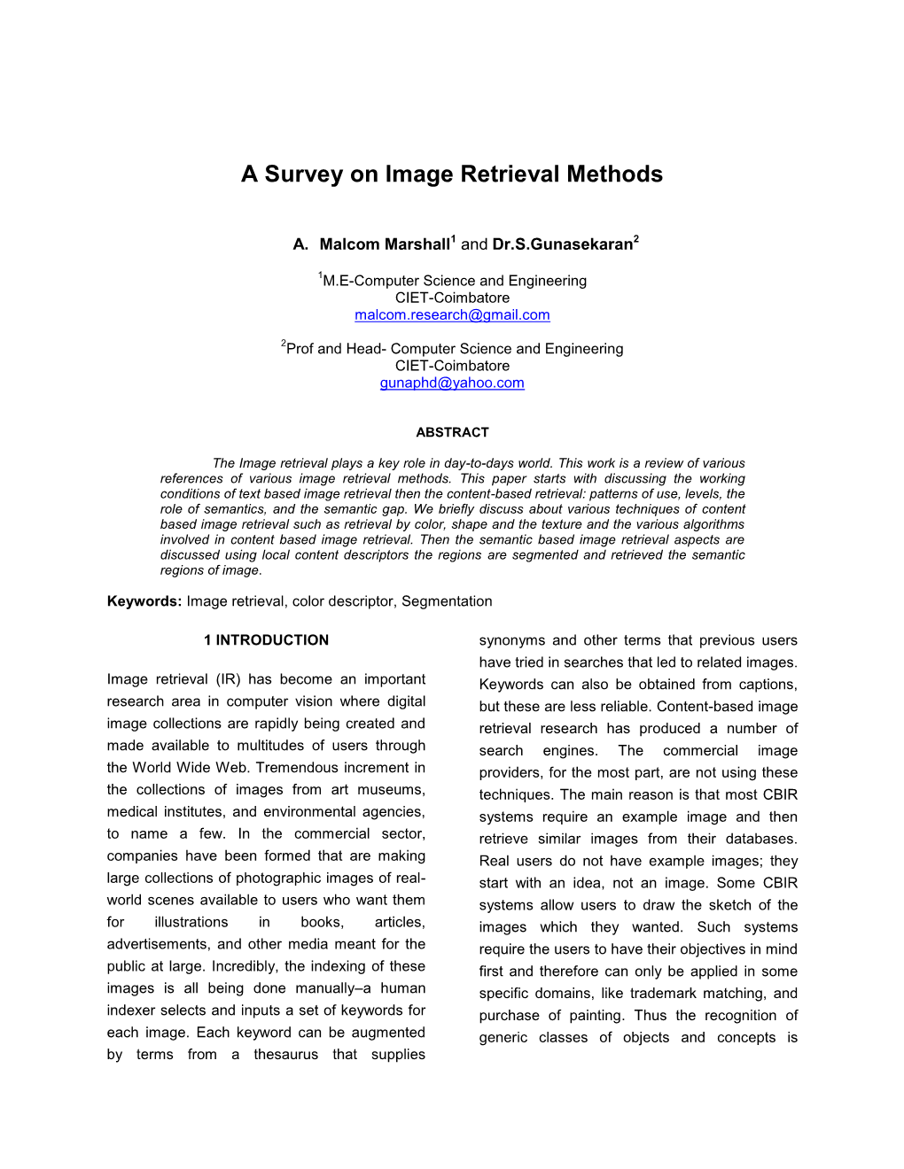 A Survey on Image Retrieval Methods