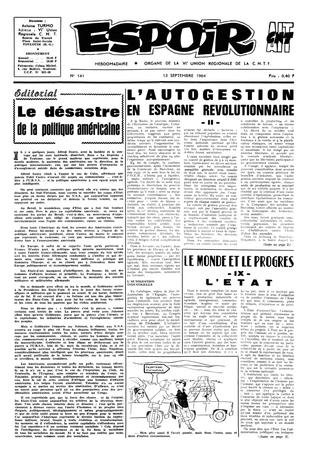 Espoir : Organe De La VIª Union Régionale De La C.N.F.T.. Num. 141