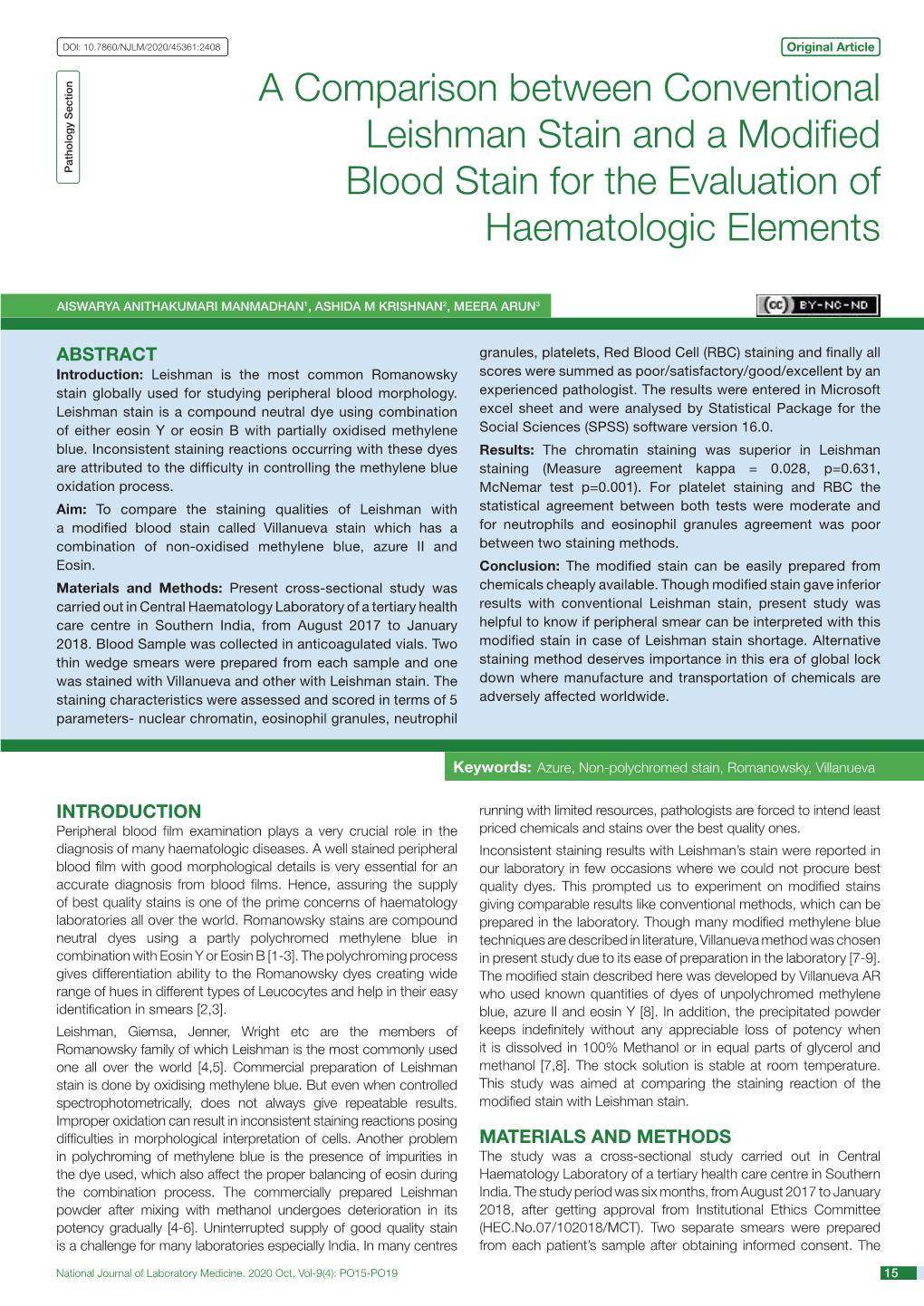 A Comparison Between Conventional Leishman Stain and a Modified Blood Stain for the Evaluation of Haematologic Elements