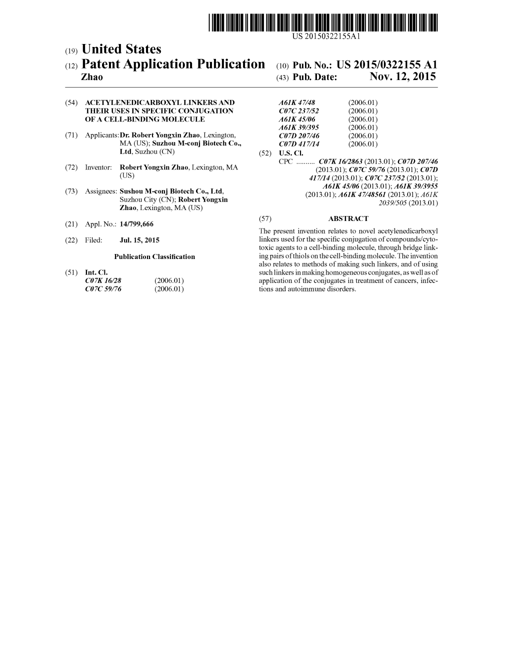 (12) Patent Application Publication (10) Pub. No.: US 2015/0322155A1 Zhao (43) Pub