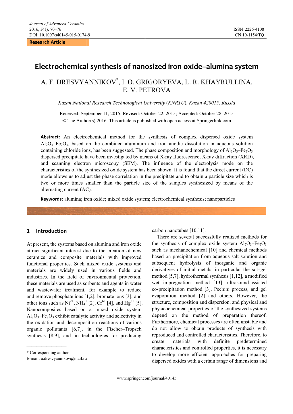 Electrochemical Synthesis of Nanosized Iron Oxide–Alumina System