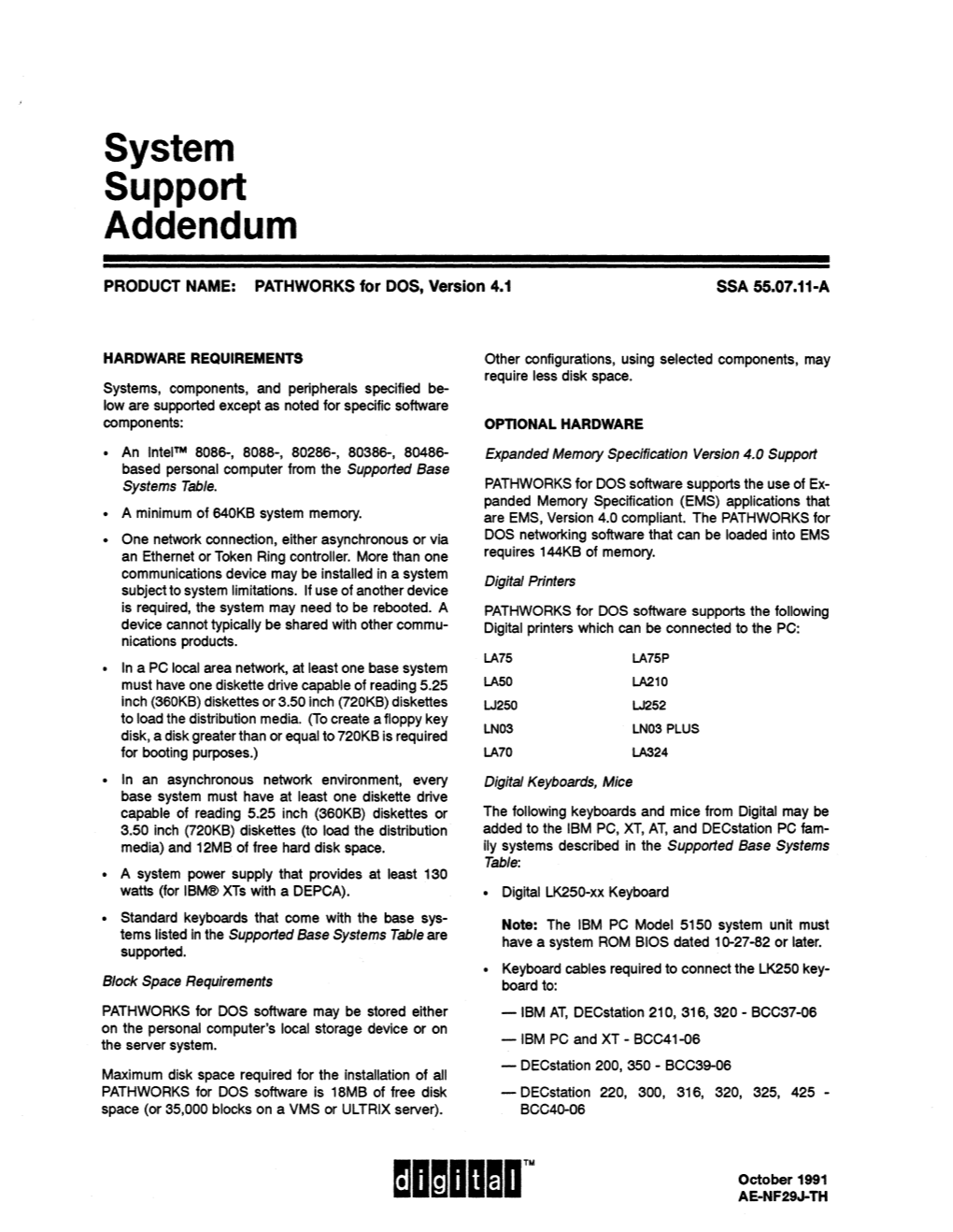 System Support Addendum