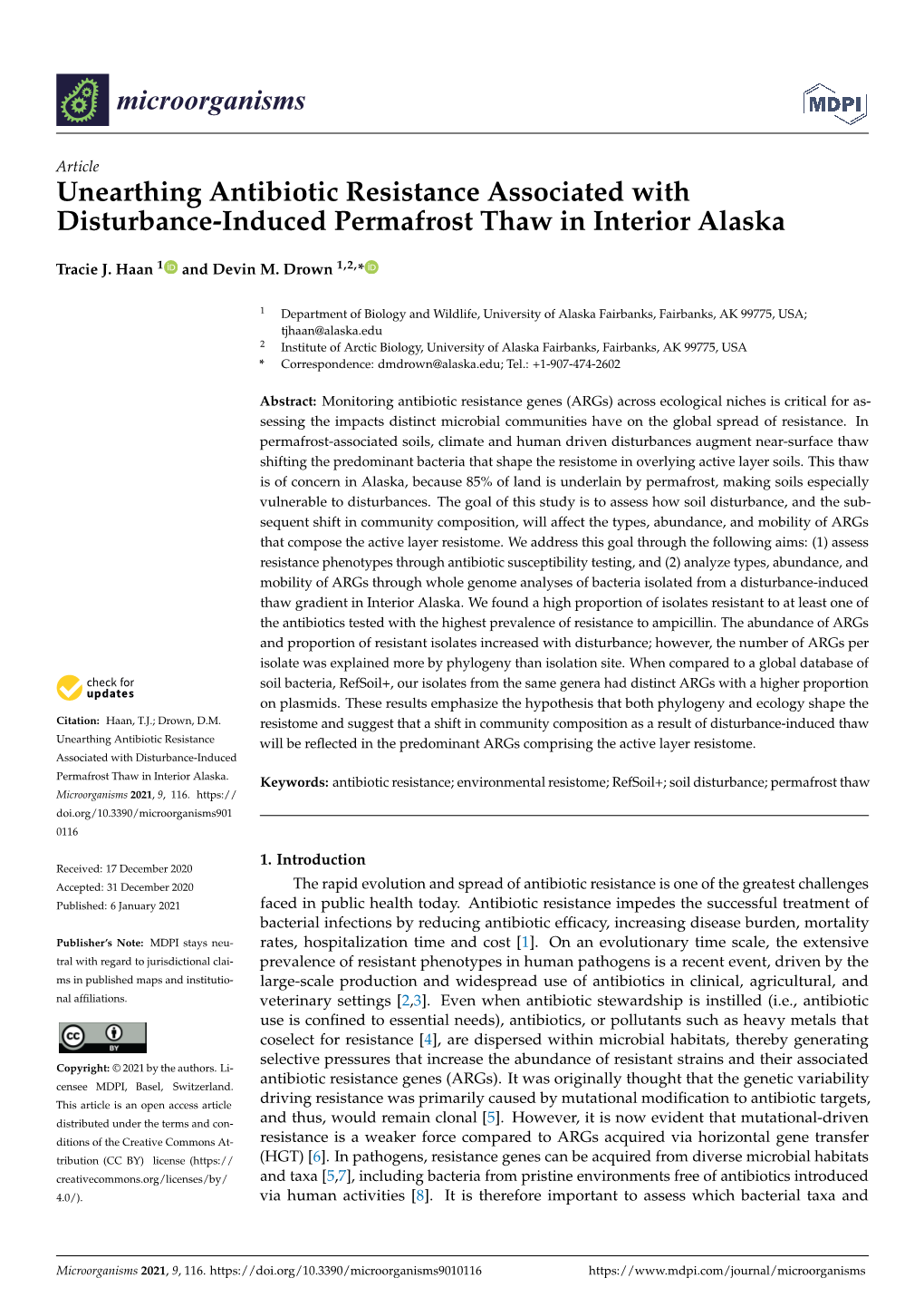 Unearthing Antibiotic Resistance Associated with Disturbance-Induced Permafrost Thaw in Interior Alaska