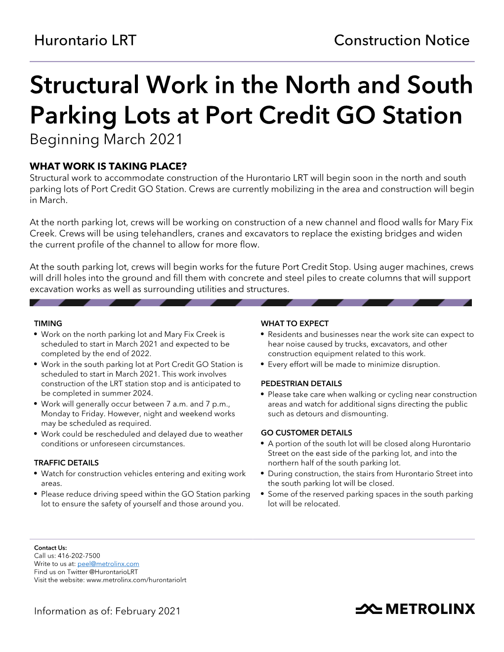 Structural Work in the North and South Parking Lots at Port Credit GO Station Beginning March 2021